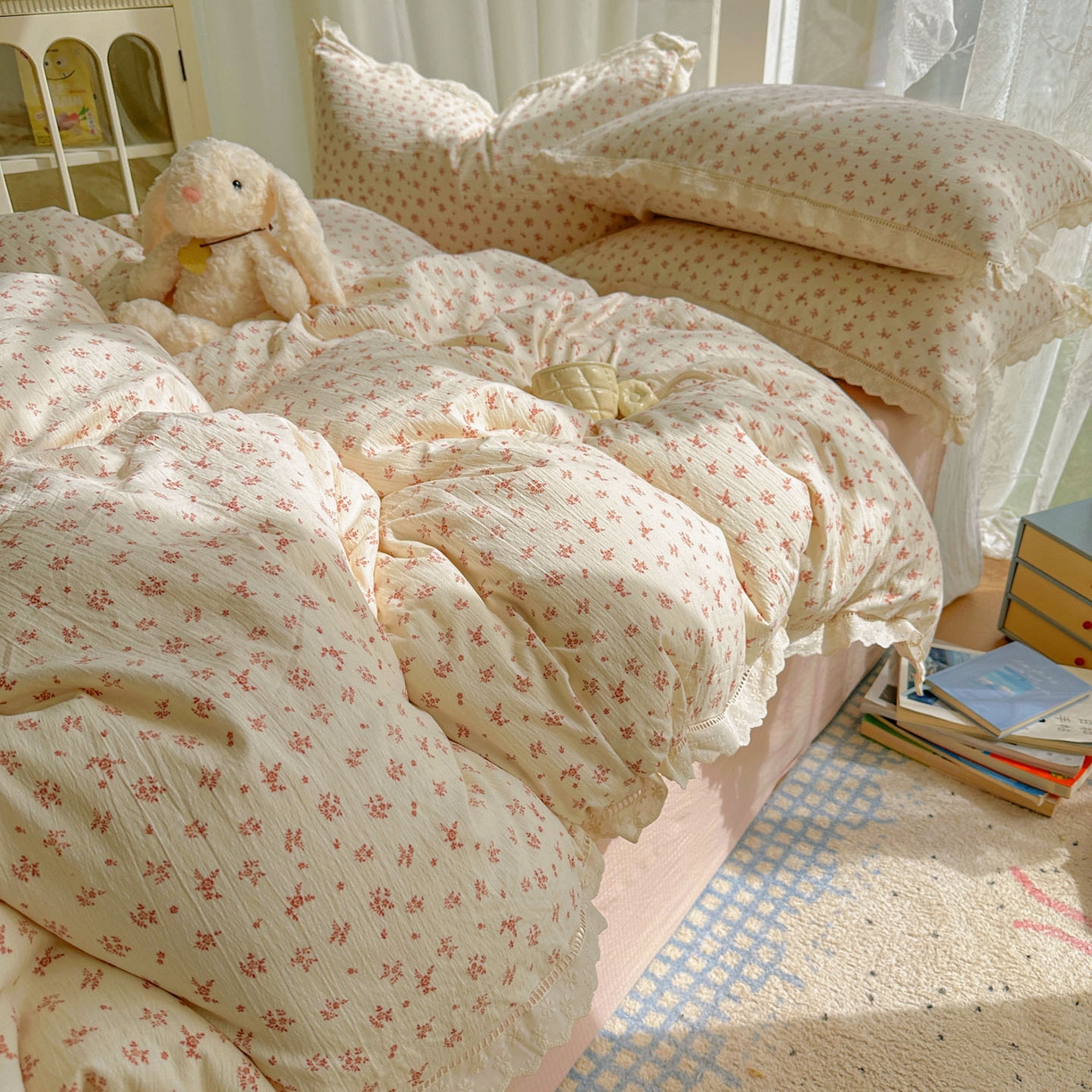 91家纺网 家纺一手货源 找家纺 颜选 2025新款全棉纯棉花边款四件套 全棉花边蔷薇花开