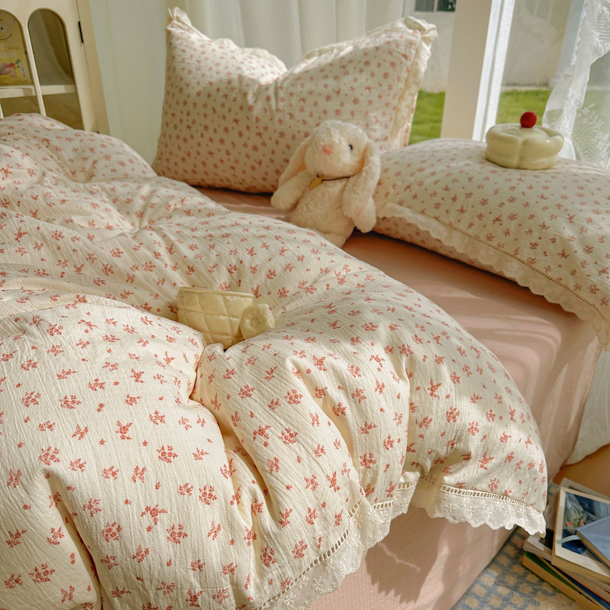 91家纺网 家纺一手货源 找家纺 颜选 2025新款全棉纯棉花边款四件套 全棉花边蔷薇花开