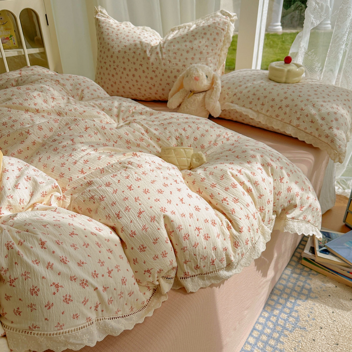 91家纺网 家纺一手货源 找家纺 颜选 2025新款全棉纯棉花边款四件套 全棉花边蔷薇花开