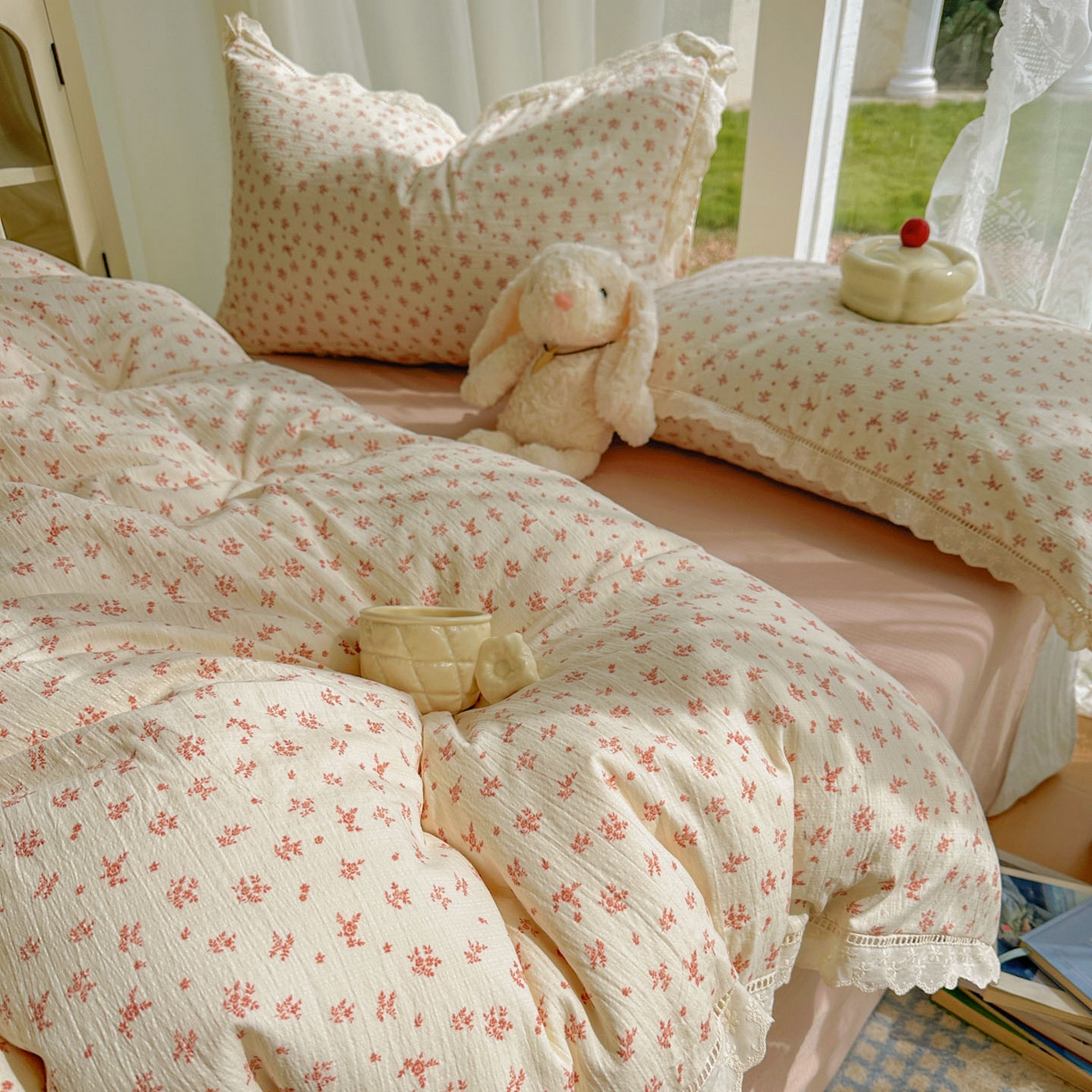 91家纺网 家纺一手货源 找家纺 颜选 2025新款全棉纯棉花边款四件套 全棉花边蔷薇花开