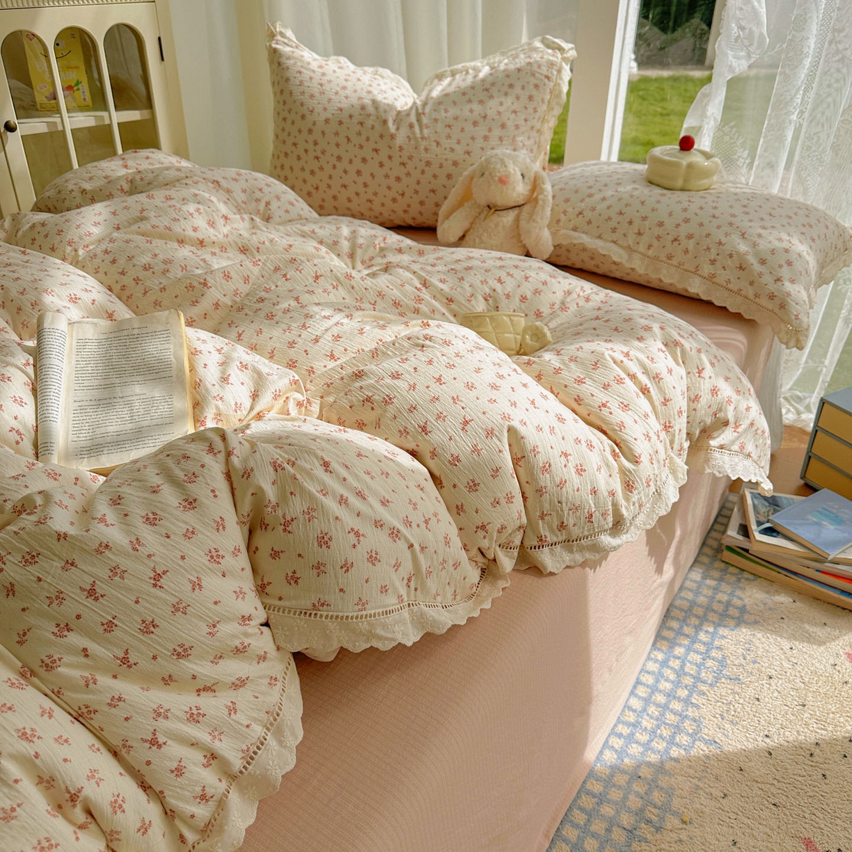 91家纺网 家纺一手货源 找家纺 颜选 2025新款全棉纯棉花边款四件套 全棉花边蔷薇花开