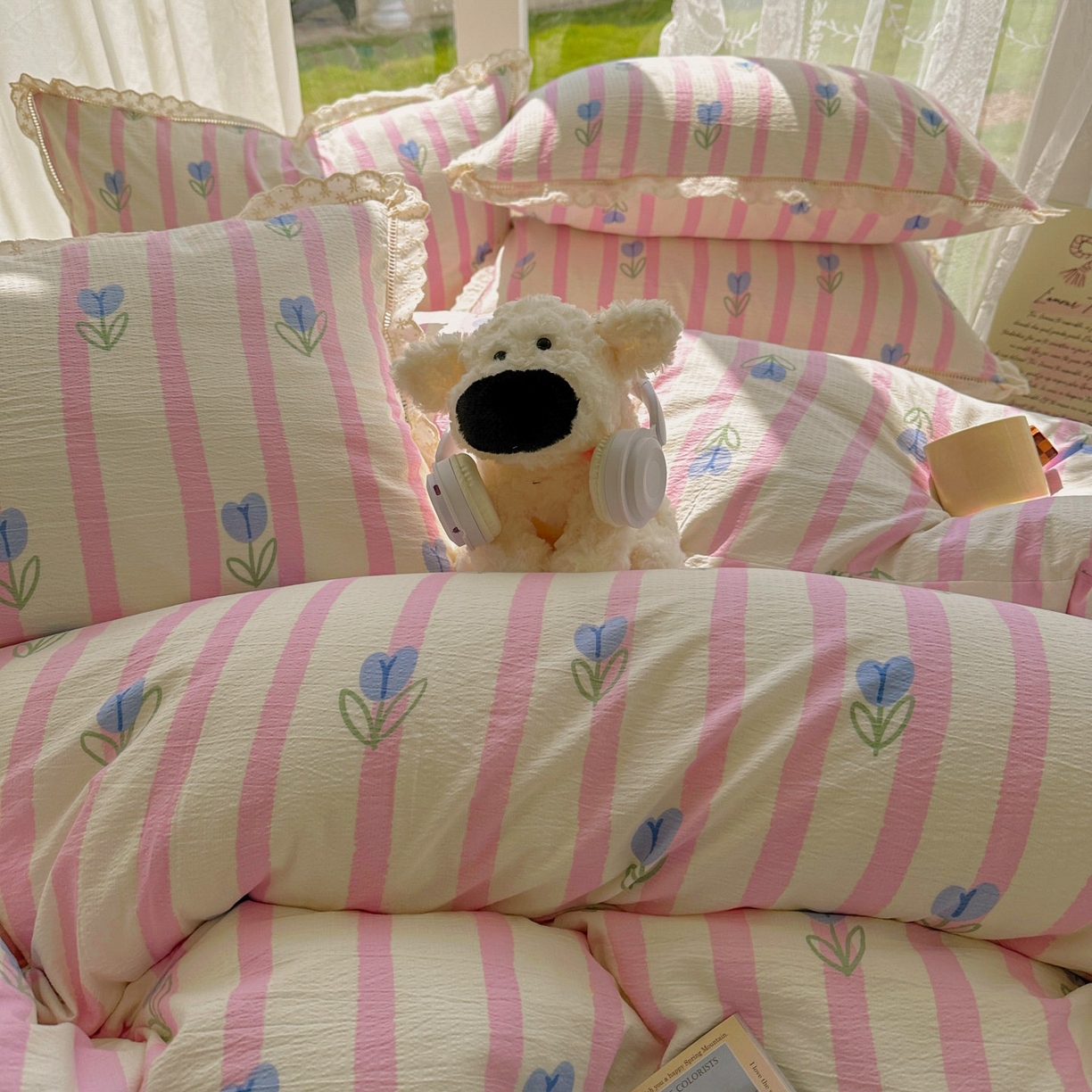 91家纺网 家纺一手货源 找家纺 颜选 2025新款全棉纯棉花边款四件套 全棉花边条纹郁金香