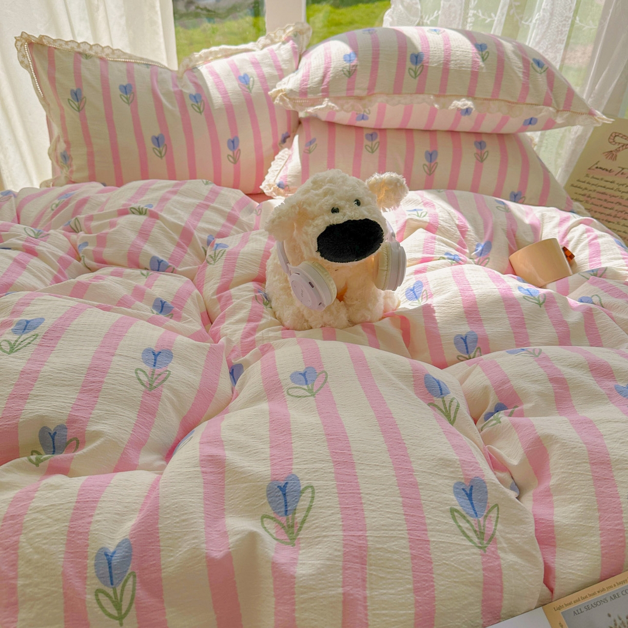 91家纺网 家纺一手货源 找家纺 颜选 2025新款全棉纯棉花边款四件套 全棉花边条纹郁金香