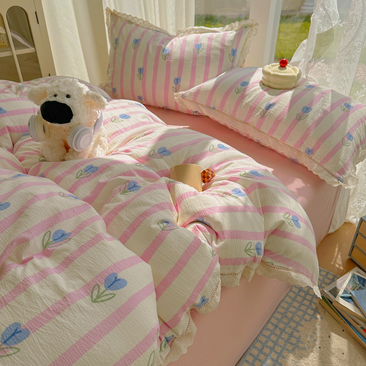 91家纺网 家纺一手货源 找家纺 颜选 2025新款全棉纯棉花边款四件套 全棉花边条纹郁金香