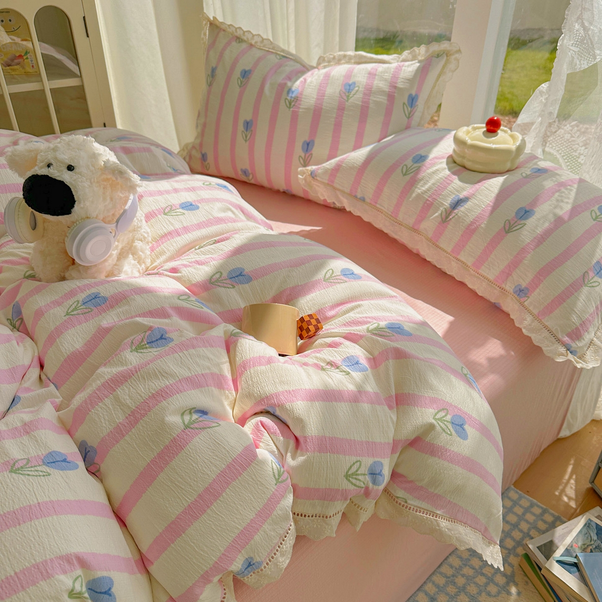 91家纺网 家纺一手货源 找家纺 颜选 2025新款全棉纯棉花边款四件套 全棉花边条纹郁金香