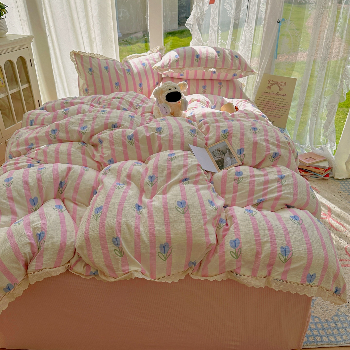 91家纺网 家纺一手货源 找家纺 颜选 2025新款全棉纯棉花边款四件套 全棉花边条纹郁金香