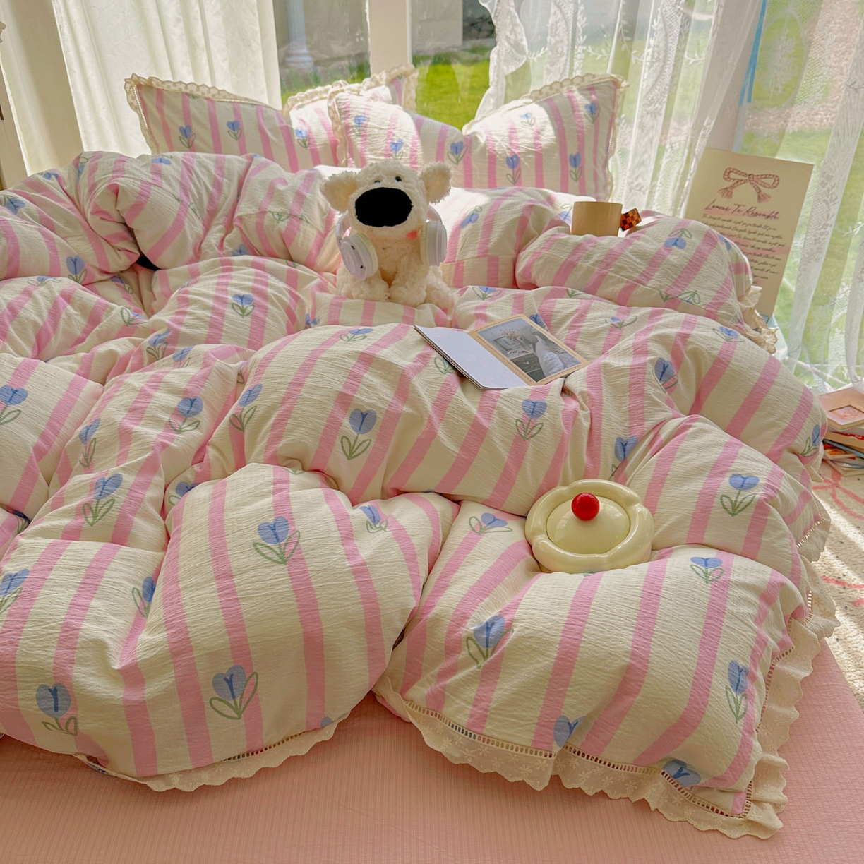 91家纺网 家纺一手货源 找家纺 颜选 2025新款全棉纯棉花边款四件套 全棉花边条纹郁金香