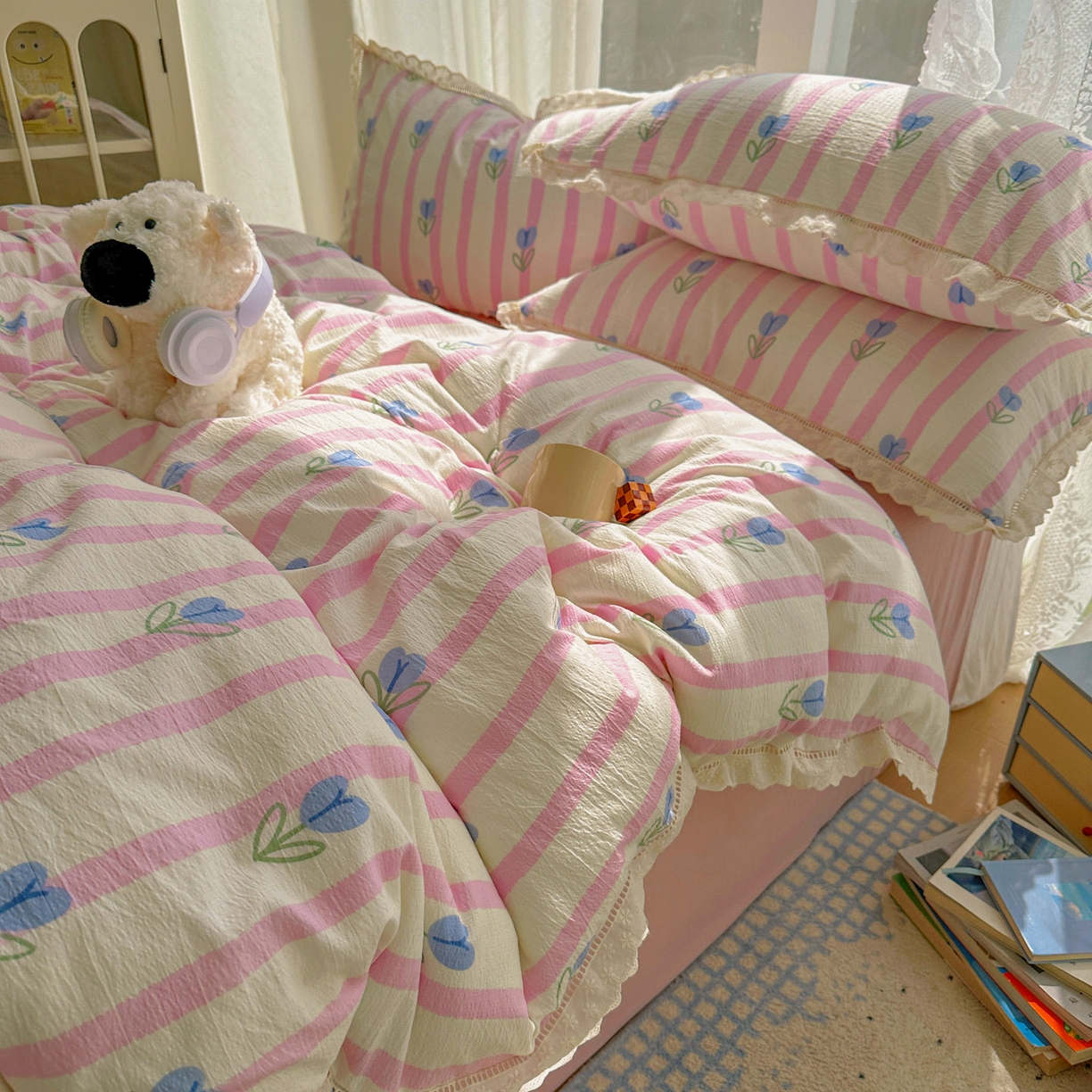 91家纺网 家纺一手货源 找家纺 颜选 2025新款全棉纯棉花边款四件套 全棉花边条纹郁金香