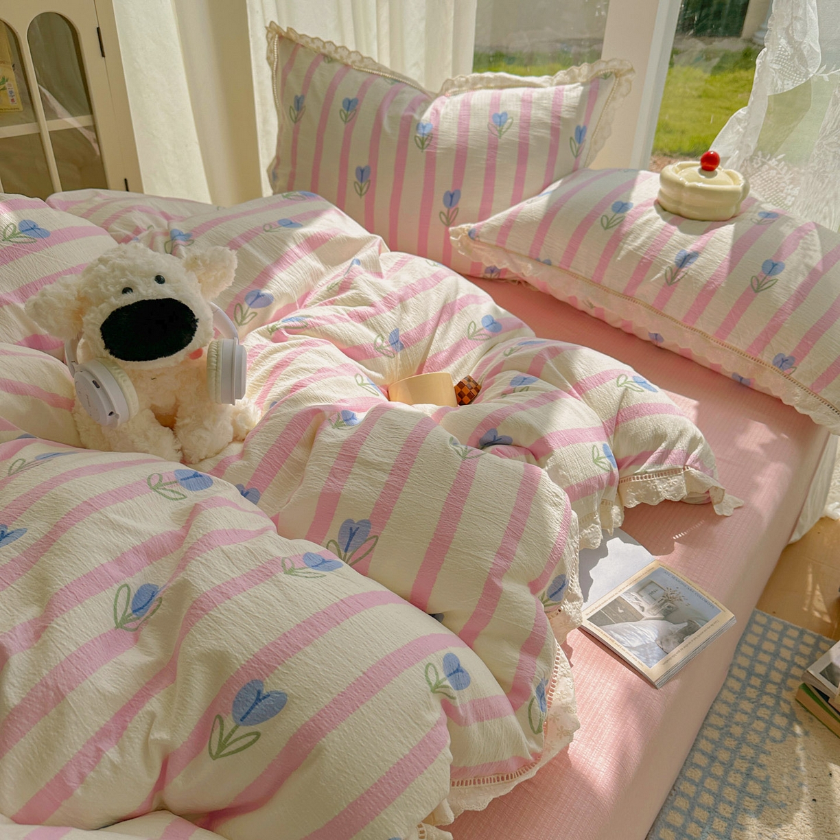 91家纺网 家纺一手货源 找家纺 颜选 2025新款全棉纯棉花边款四件套 全棉花边条纹郁金香