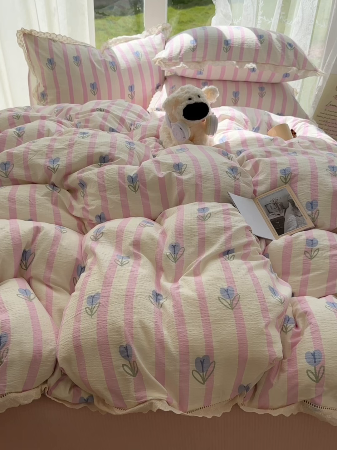 91家纺网 家纺一手货源 找家纺 颜选 2025新款全棉纯棉花边款四件套 全棉花边条纹郁金香