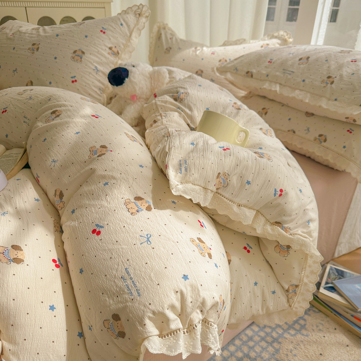 颜选 2025新款全棉纯棉花边款四件套 全棉花边旺仔小樱桃