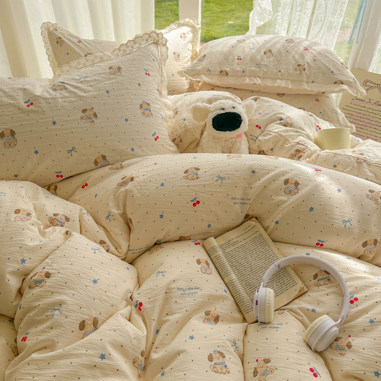 91家纺网 家纺一手货源 找家纺 颜选 2025新款全棉纯棉花边款四件套 全棉花边旺仔小樱桃