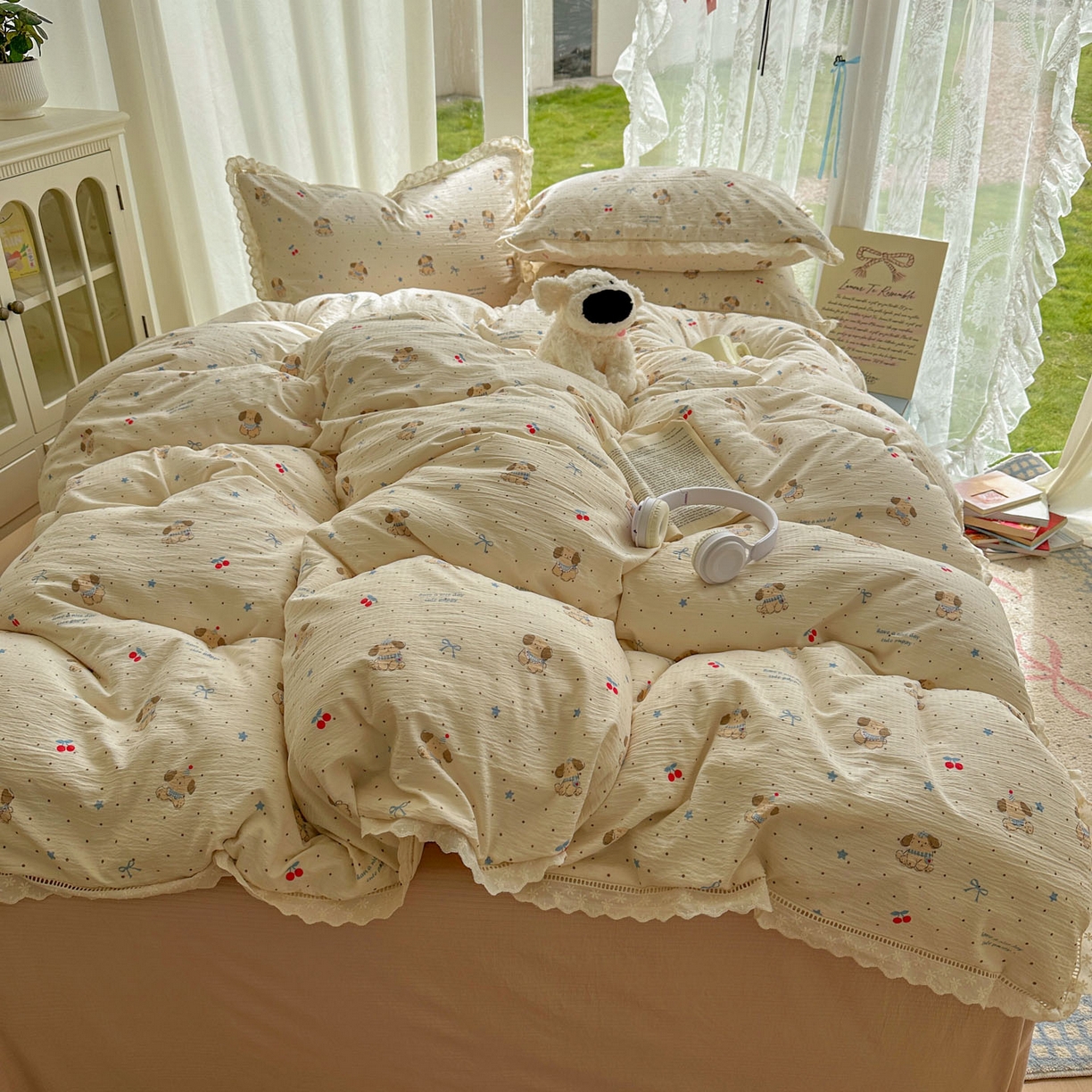 91家纺网 家纺一手货源 找家纺 颜选 2025新款全棉纯棉花边款四件套 全棉花边旺仔小樱桃