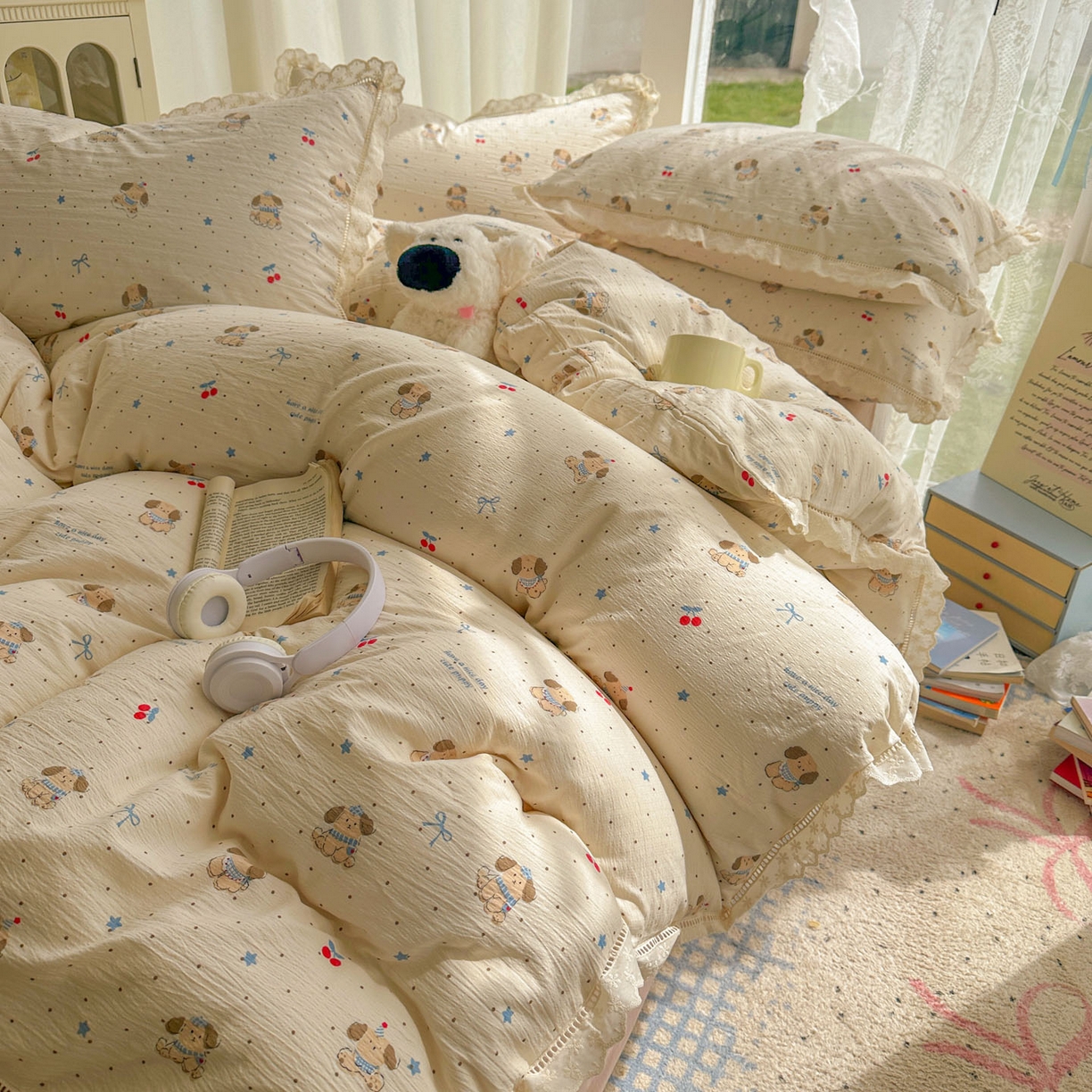 91家纺网 家纺一手货源 找家纺 颜选 2025新款全棉纯棉花边款四件套 全棉花边旺仔小樱桃