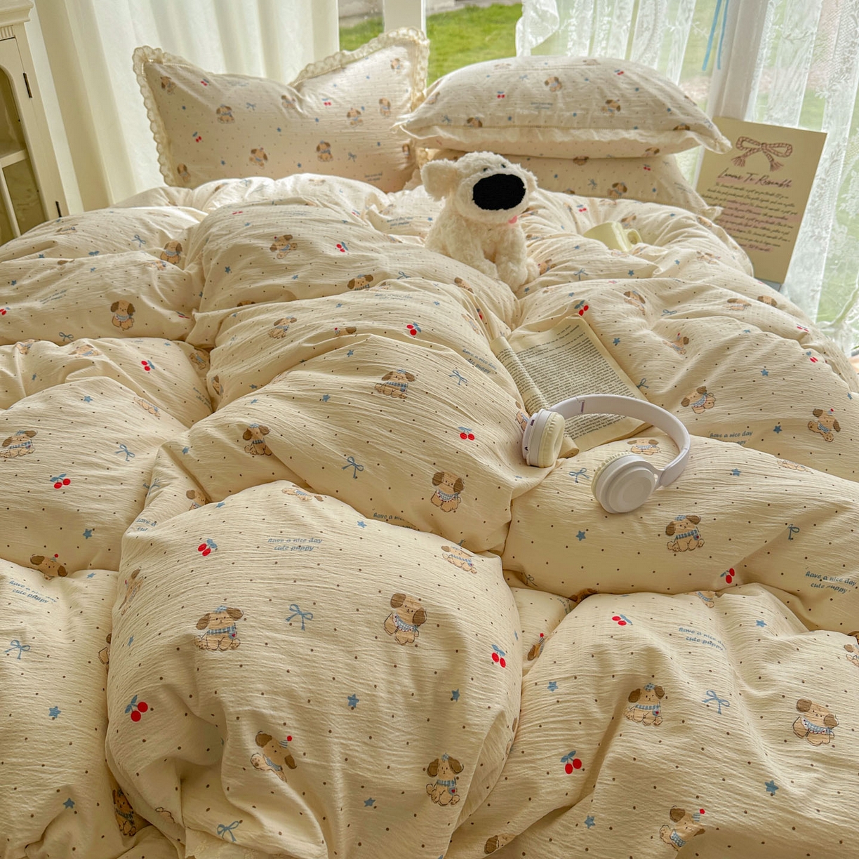 91家纺网 家纺一手货源 找家纺 颜选 2025新款全棉纯棉花边款四件套 全棉花边旺仔小樱桃