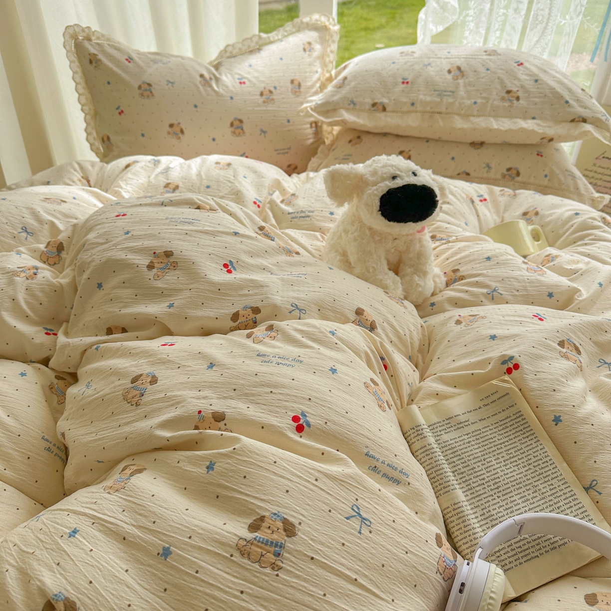 91家纺网 家纺一手货源 找家纺 颜选 2025新款全棉纯棉花边款四件套 全棉花边旺仔小樱桃