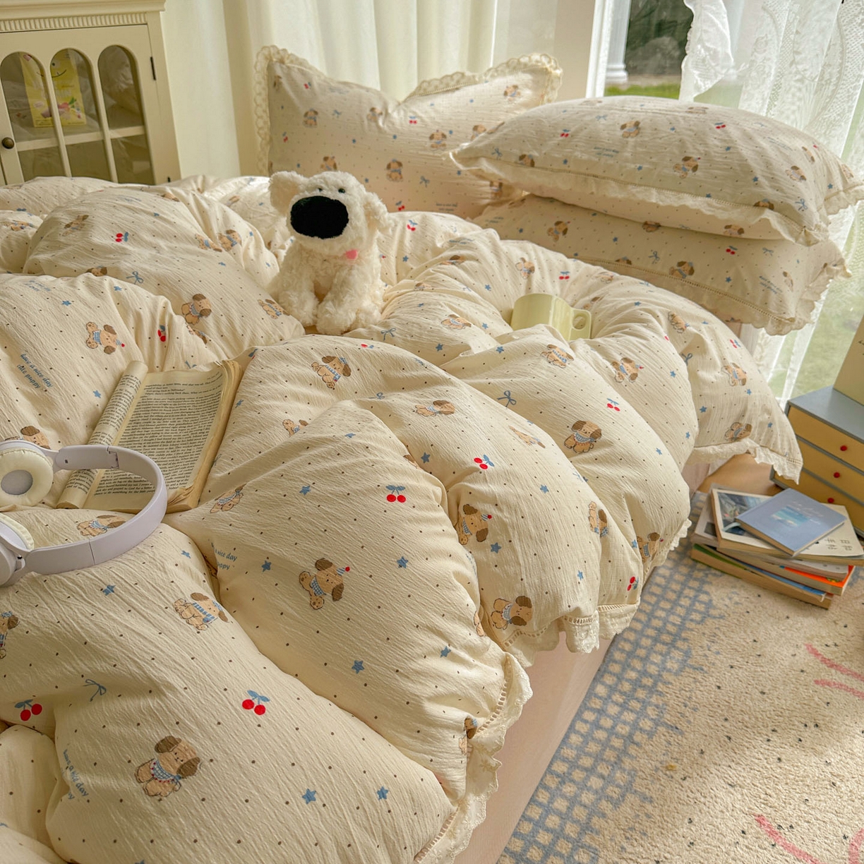 91家纺网 家纺一手货源 找家纺 颜选 2025新款全棉纯棉花边款四件套 全棉花边旺仔小樱桃