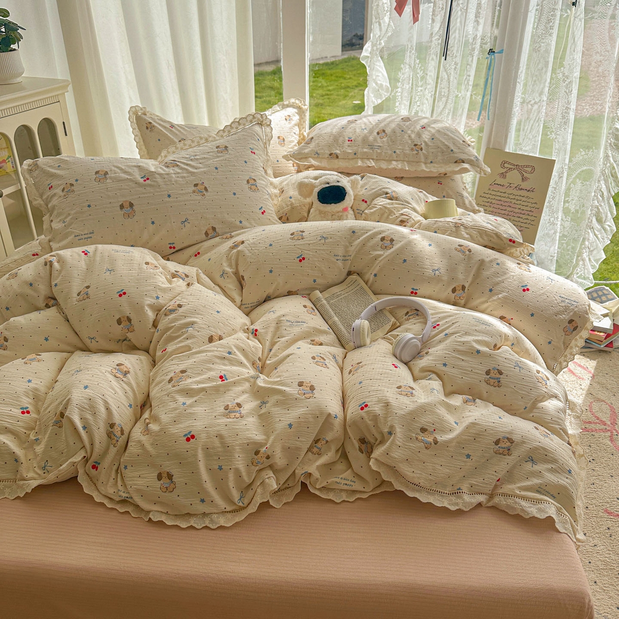 91家纺网 家纺一手货源 找家纺 颜选 2025新款全棉纯棉花边款四件套 全棉花边旺仔小樱桃