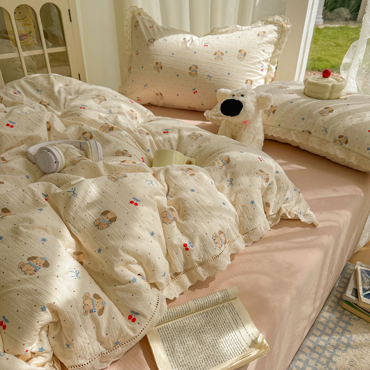 91家纺网 家纺一手货源 找家纺 颜选 2025新款全棉纯棉花边款四件套 全棉花边旺仔小樱桃