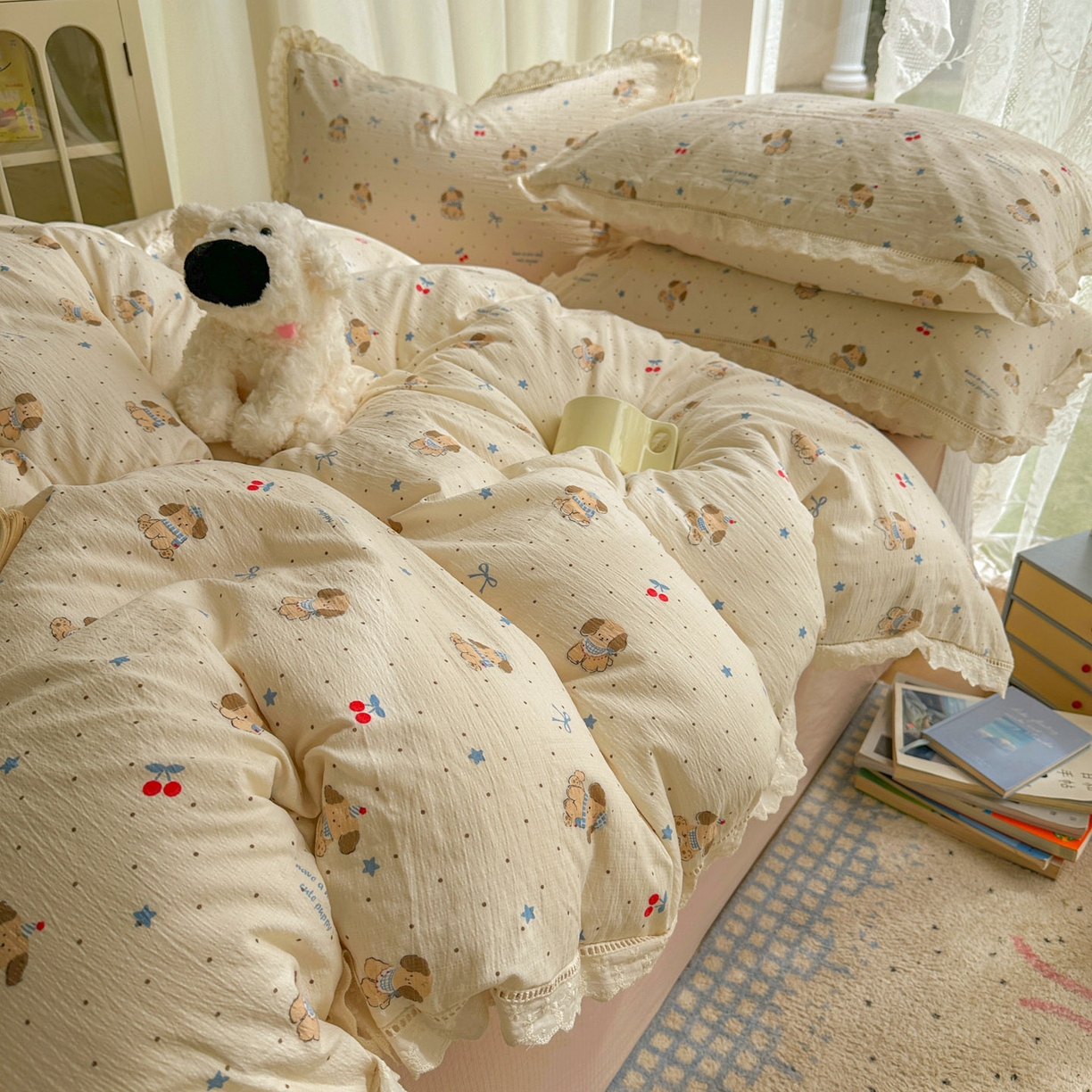 91家纺网 家纺一手货源 找家纺 颜选 2025新款全棉纯棉花边款四件套 全棉花边旺仔小樱桃