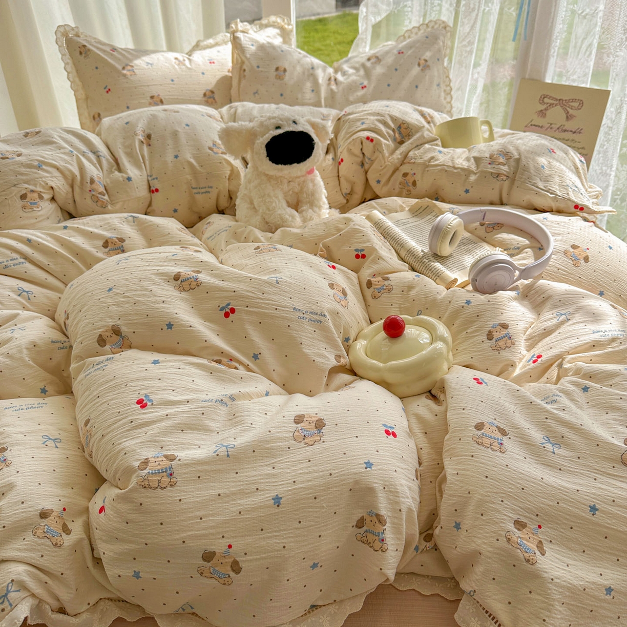 91家纺网 家纺一手货源 找家纺 颜选 2025新款全棉纯棉花边款四件套 全棉花边旺仔小樱桃