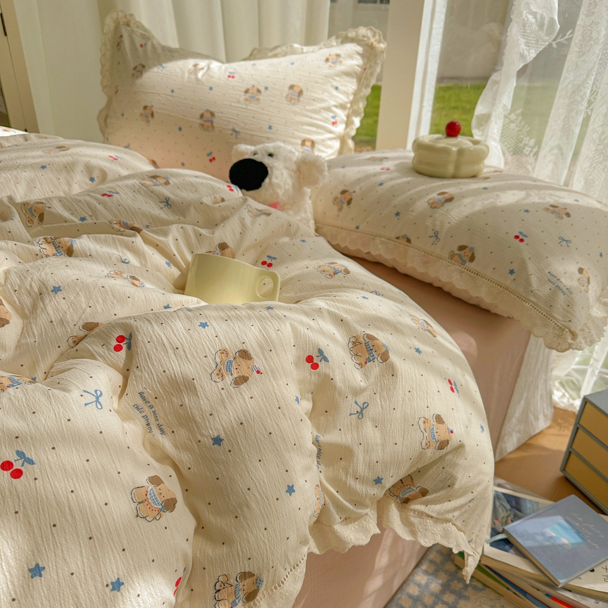 91家纺网 家纺一手货源 找家纺 颜选 2025新款全棉纯棉花边款四件套 全棉花边旺仔小樱桃