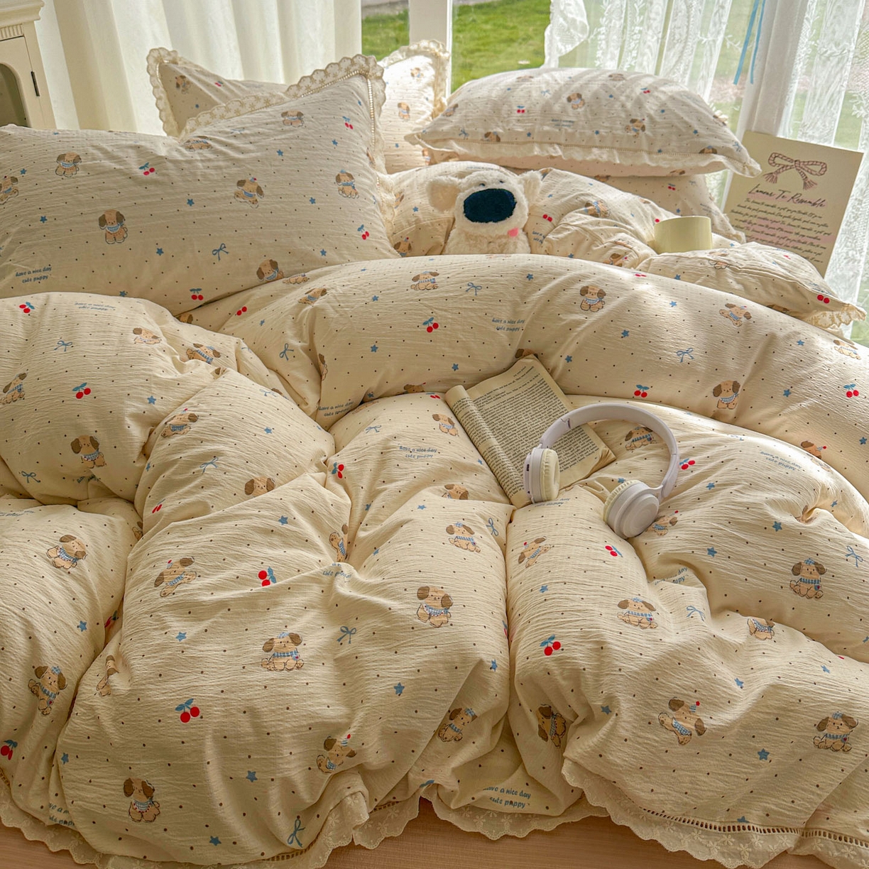 91家纺网 家纺一手货源 找家纺 颜选 2025新款全棉纯棉花边款四件套 全棉花边旺仔小樱桃