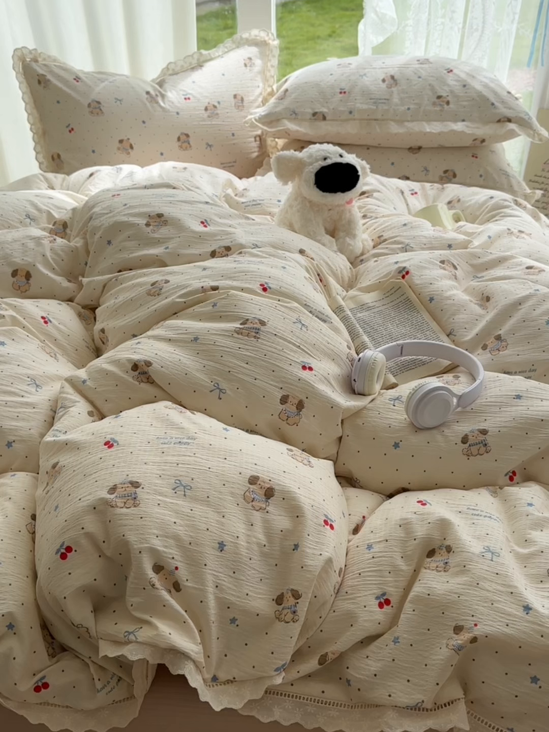 91家纺网 家纺一手货源 找家纺 颜选 2025新款全棉纯棉花边款四件套 全棉花边旺仔小樱桃