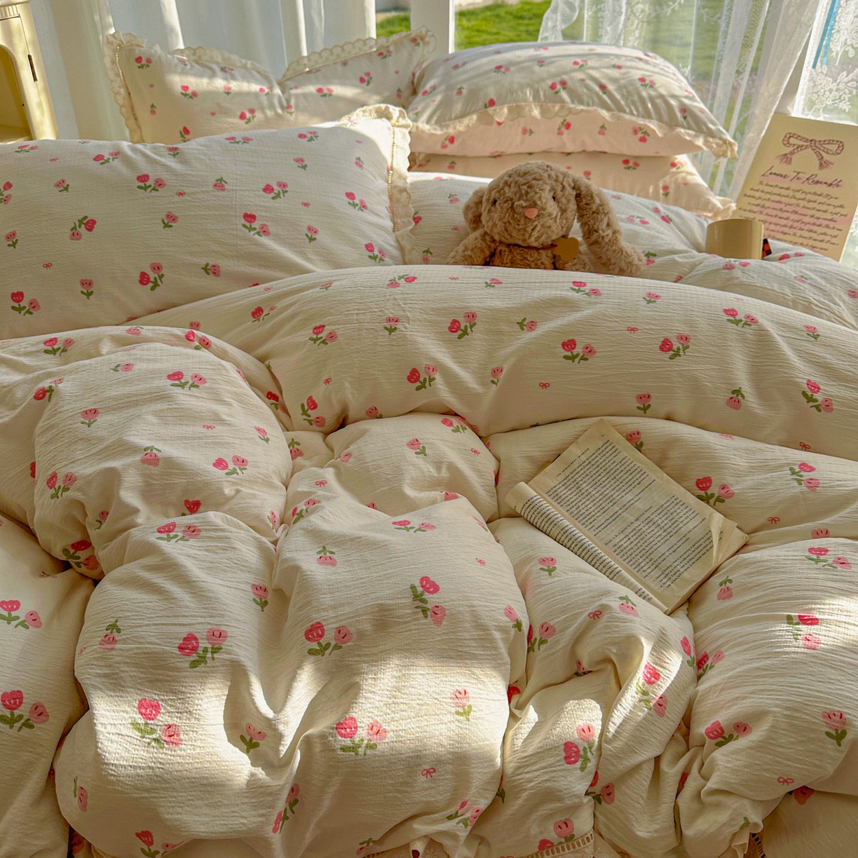 91家纺网 家纺一手货源 找家纺 颜选 2025新款全棉纯棉花边款四件套 全棉花边相思红豆