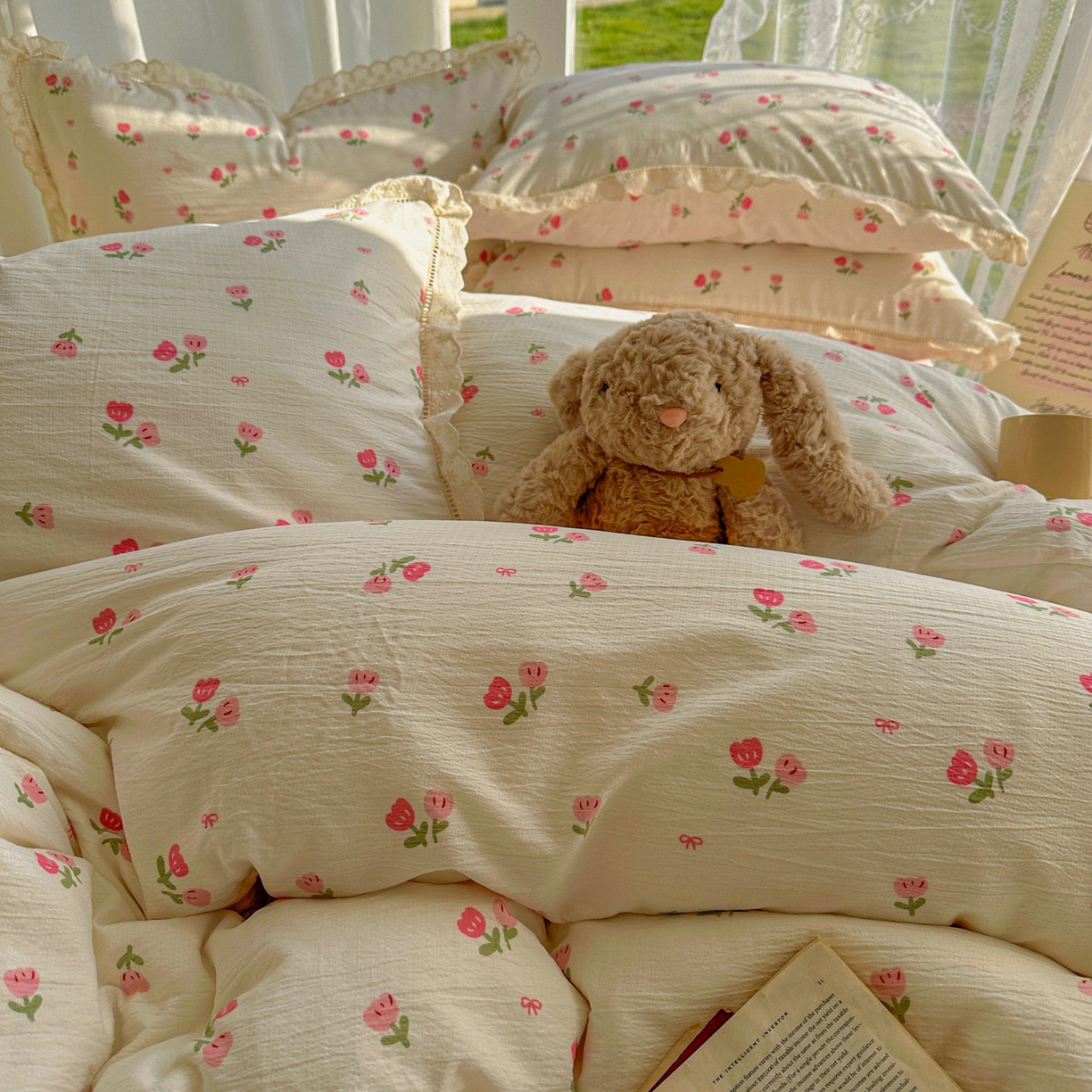 91家纺网 家纺一手货源 找家纺 颜选 2025新款全棉纯棉花边款四件套 全棉花边相思红豆