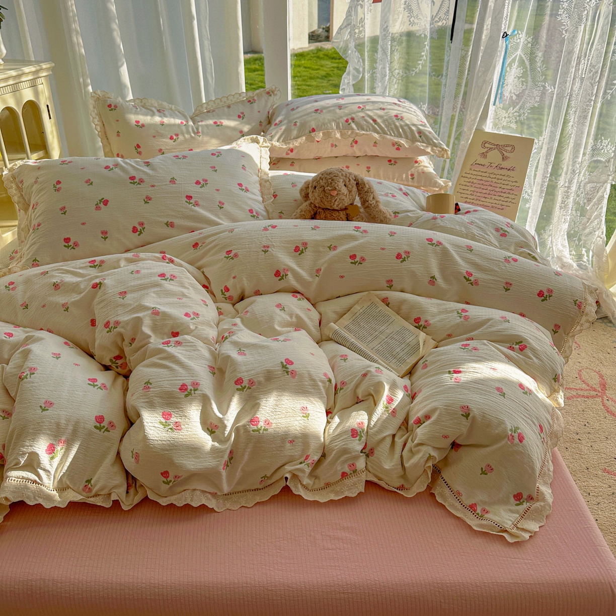 91家纺网 家纺一手货源 找家纺 颜选 2025新款全棉纯棉花边款四件套 全棉花边相思红豆