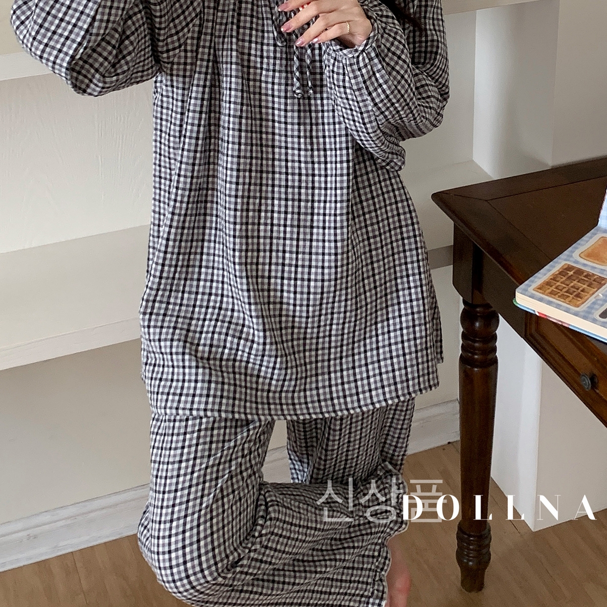 91家纺网 家纺一手货源 找家纺 多乐娜 2025新款法式纯棉厚织双层纱睡衣家居服套装（会员-5元） 厚织双层纱-色织黑白格