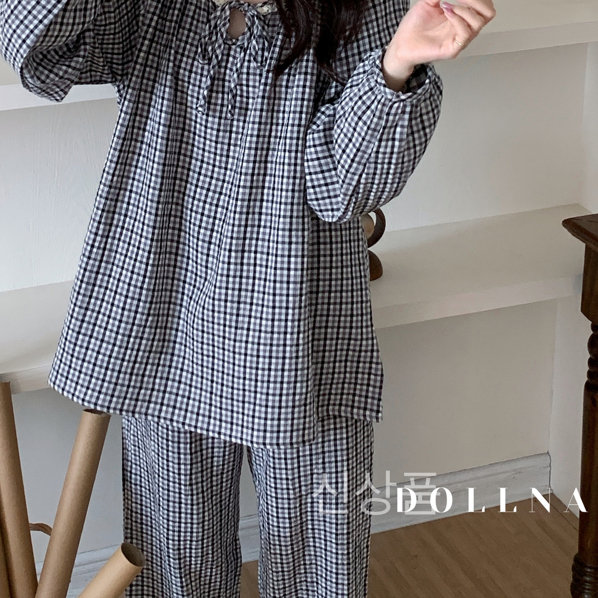 91家纺网 家纺一手货源 找家纺 多乐娜 2025新款法式纯棉厚织双层纱睡衣家居服套装（会员-5元） 厚织双层纱-色织黑白格