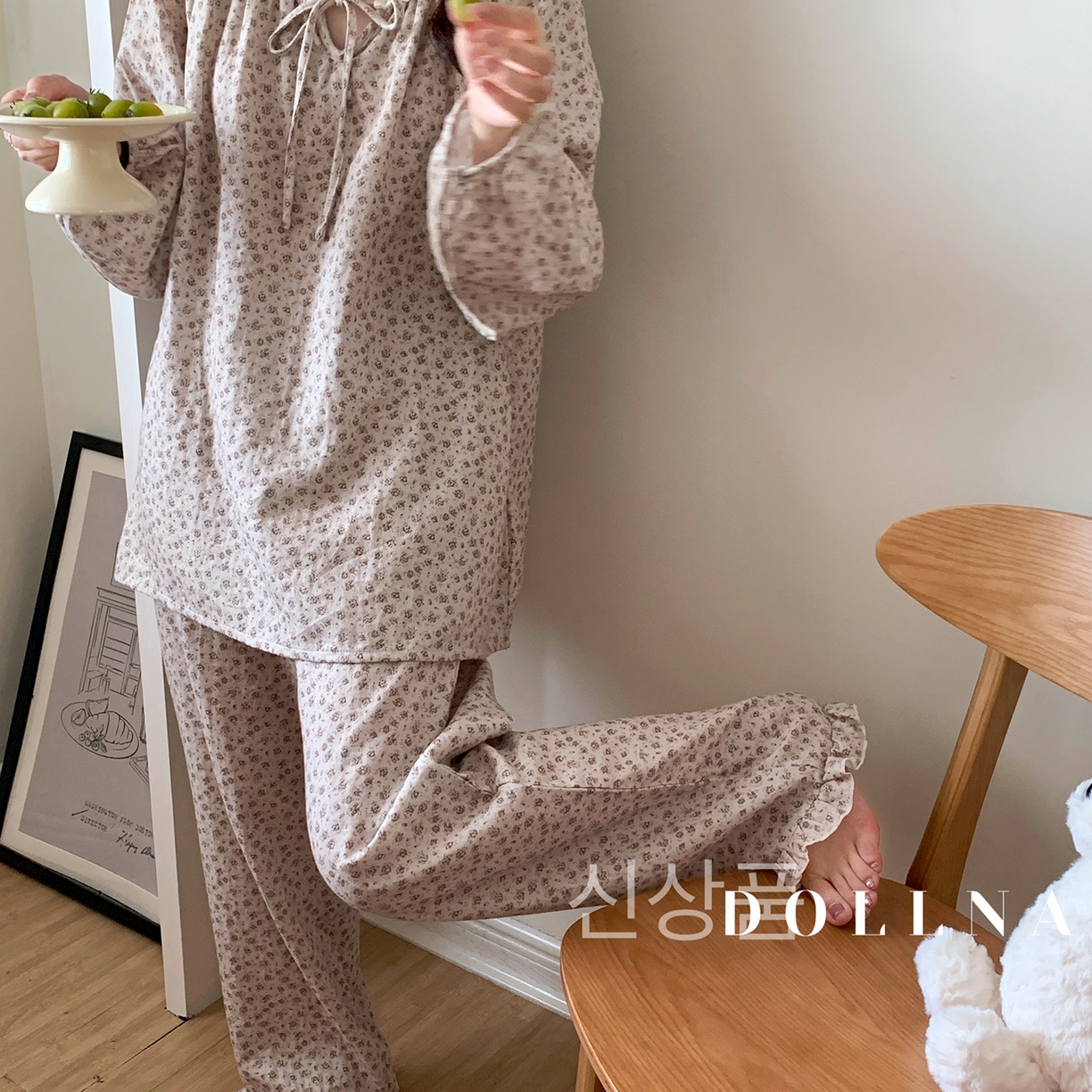 91家纺网 家纺一手货源 找家纺 多乐娜 2025新款法式纯棉厚织双层纱睡衣家居服套装（会员-5元） 厚织双层纱-小玫瑰咖