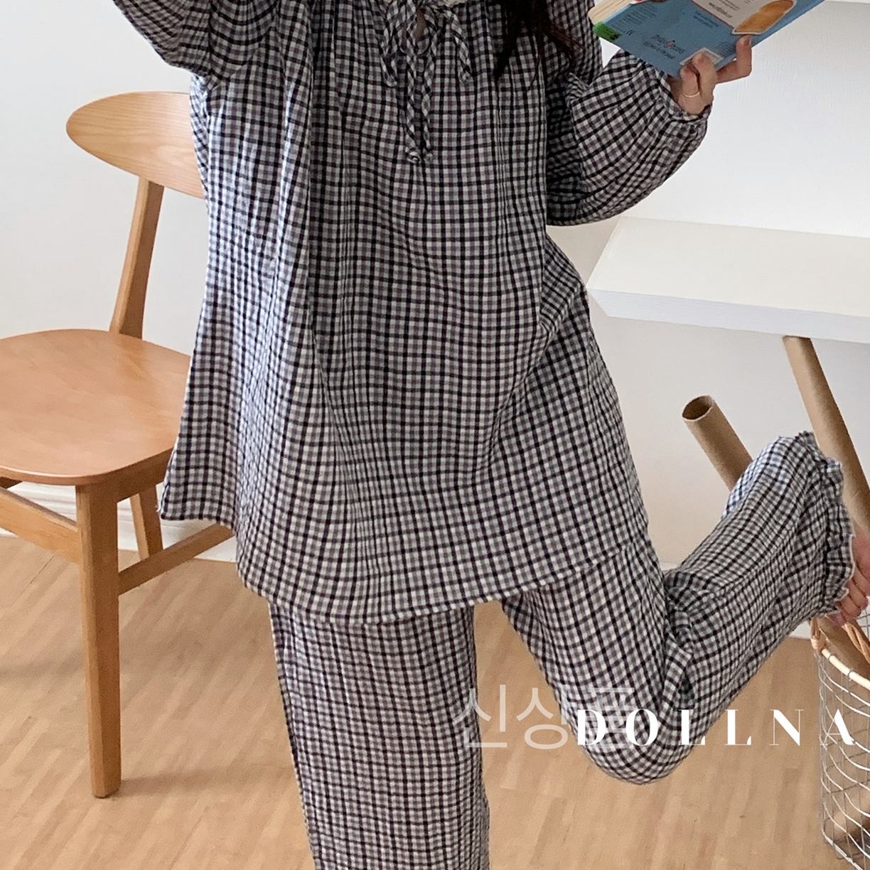 91家纺网 家纺一手货源 找家纺 多乐娜 2025新款法式纯棉厚织双层纱睡衣家居服套装（会员-5元） 厚织双层纱-色织黑白格