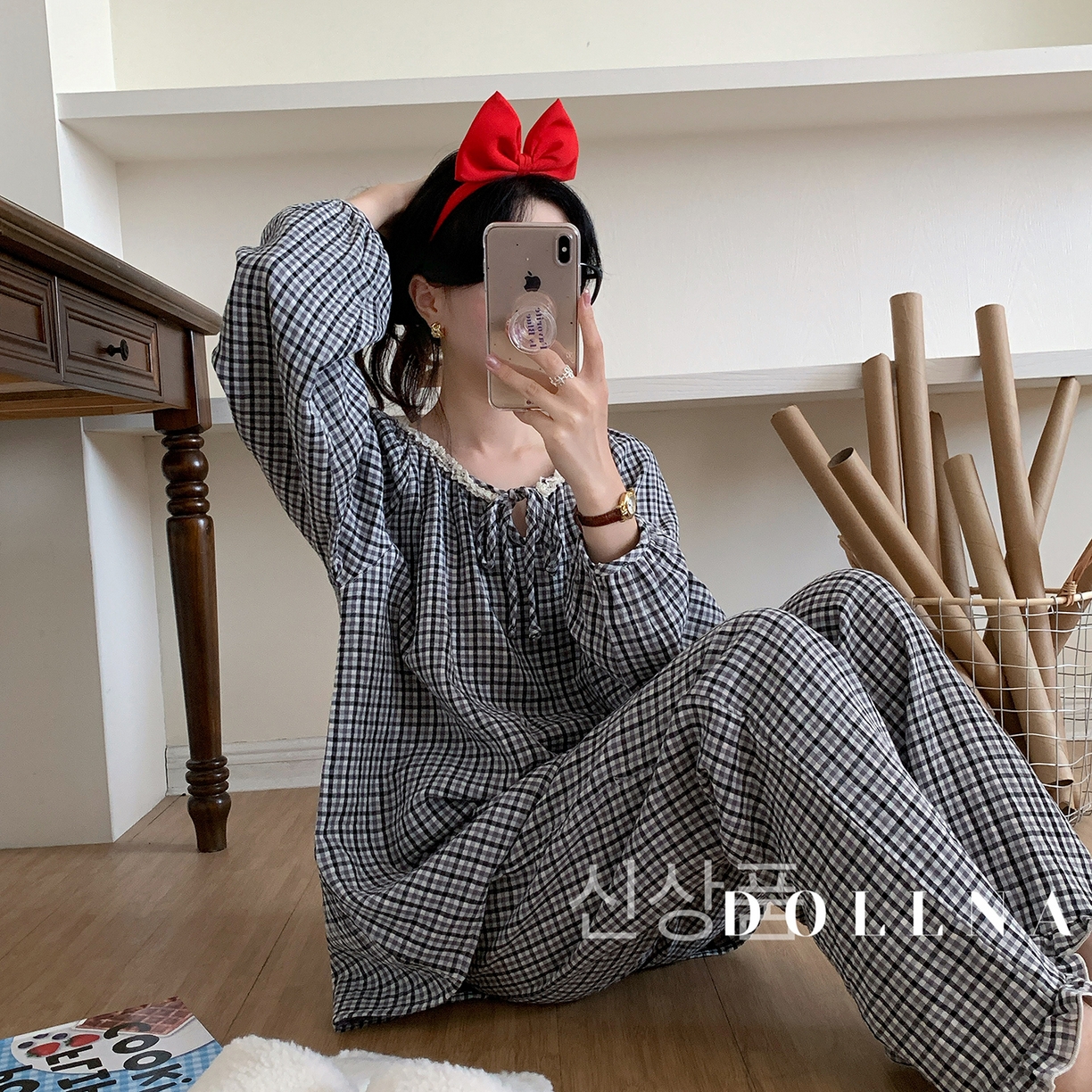 91家纺网 家纺一手货源 找家纺 多乐娜 2025新款法式纯棉厚织双层纱睡衣家居服套装（会员-5元） 厚织双层纱-色织黑白格