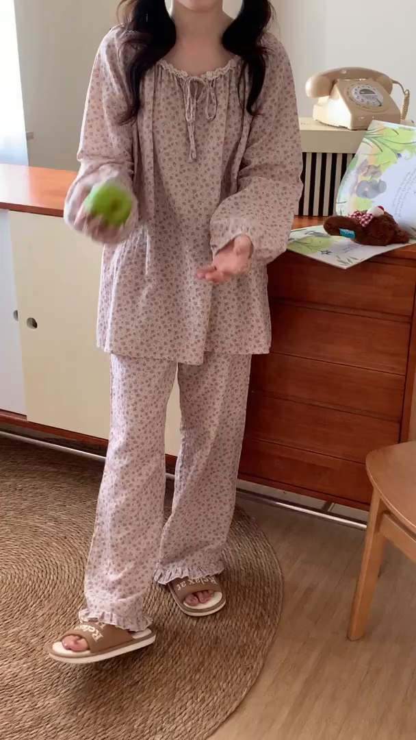 91家纺网 家纺一手货源 找家纺 多乐娜 2025新款法式纯棉厚织双层纱睡衣家居服套装（会员-5元） 厚织双层纱-小玫瑰粉