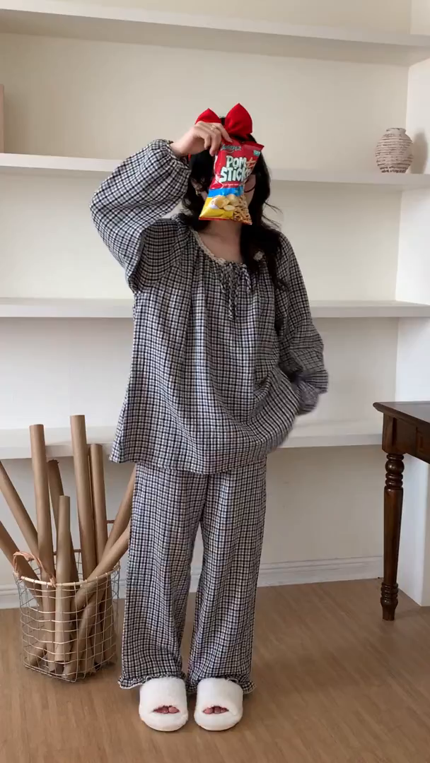 91家纺网 家纺一手货源 找家纺 多乐娜 2025新款法式纯棉厚织双层纱睡衣家居服套装（会员-5元） 厚织双层纱-色织黑白格