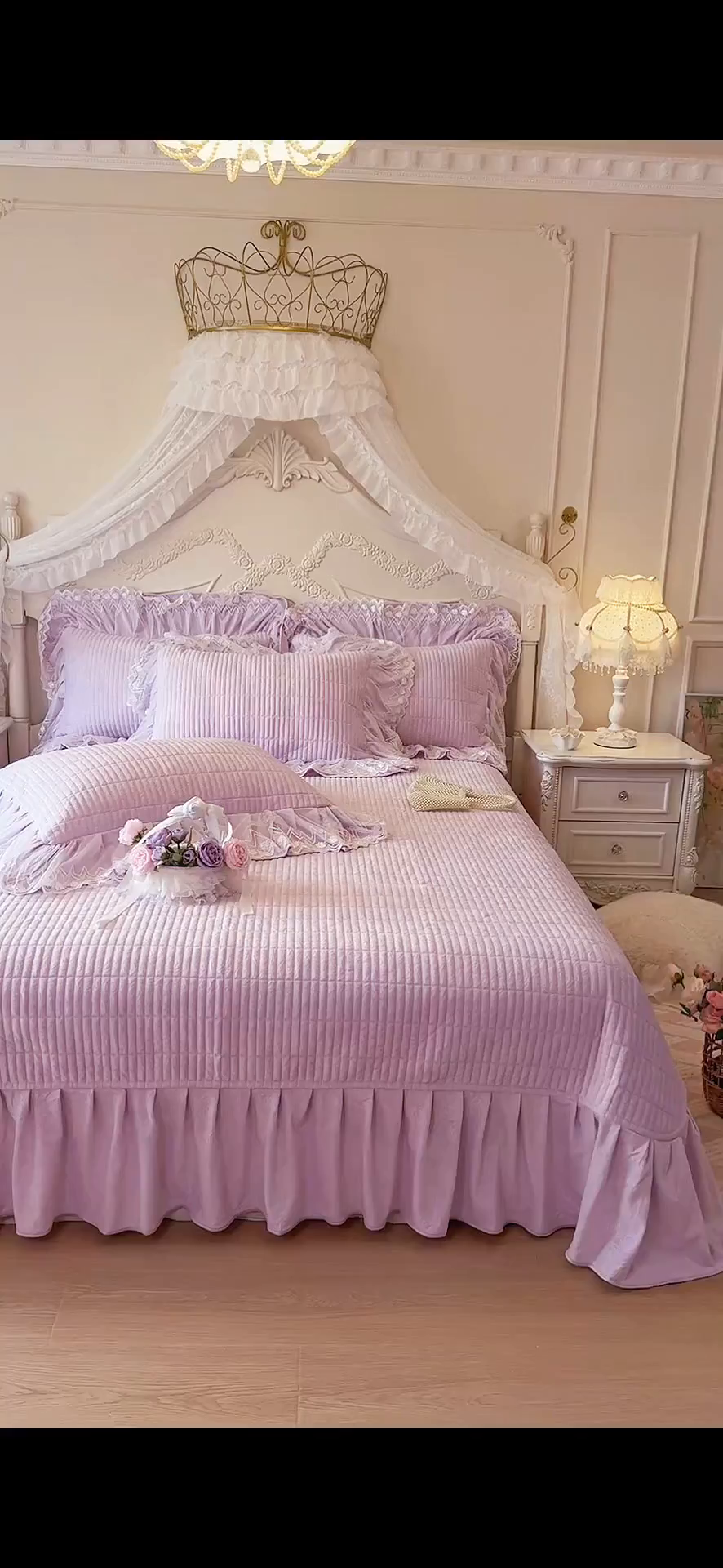 91家纺网 家纺一手货源 找家纺 宜凡家纺 2025新款婴儿绒压花夹棉床盖四件套-香奈花园 香奈花园-雪青