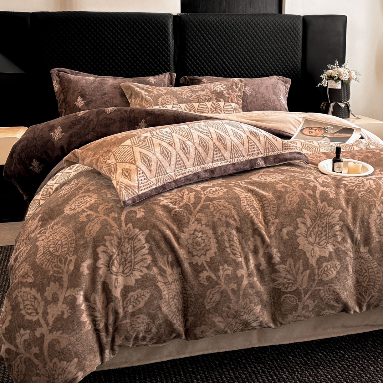 91家纺网 家纺一手货源 找家纺 首尔家纺 2025新款牛奶绒轻奢简约款四件套 优雅生活-咖