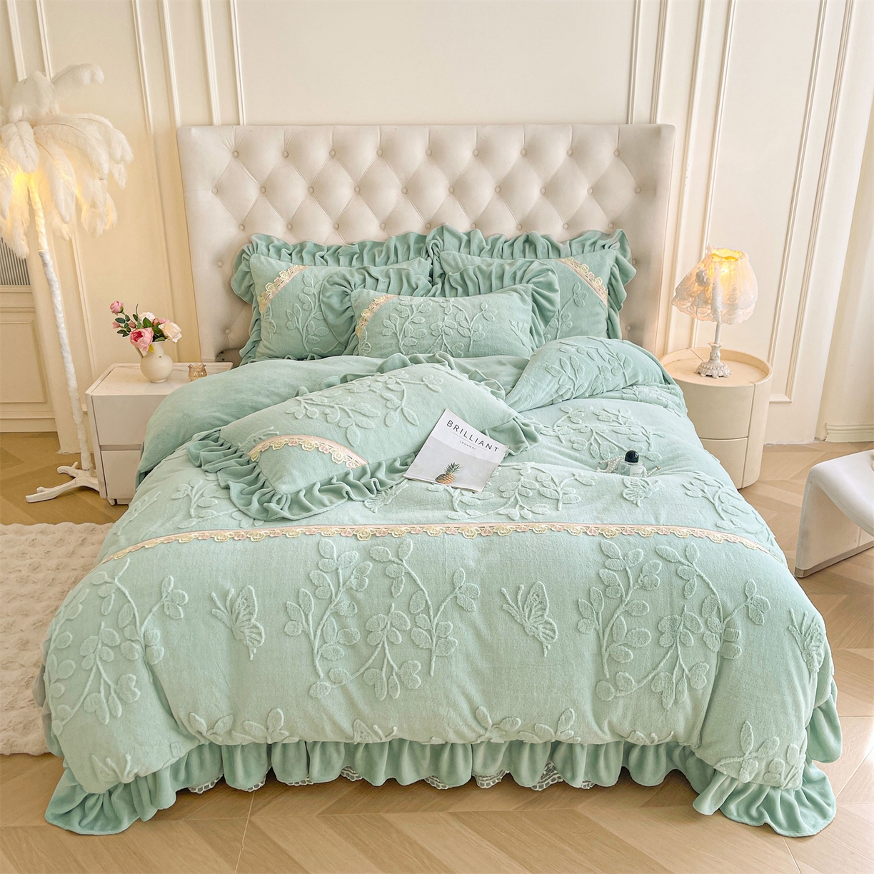 宜凡家纺 2025新款A类兔绒提花花边牛奶绒夹棉床裙四件套 万物生-青果绿
