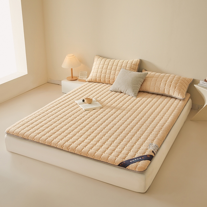 91家纺网 家纺一手货源 找家纺 丽诺床垫 2025新款德芙绒记忆棉两用5厘米床垫垫子 驼色