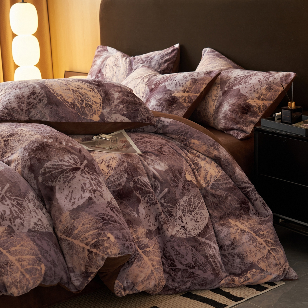 91家纺网 家纺一手货源 找家纺 吾秀家居 绒城  230克美拉德数码绒四件套 牛奶绒四件套 - 暖秋系列 深紫罗兰