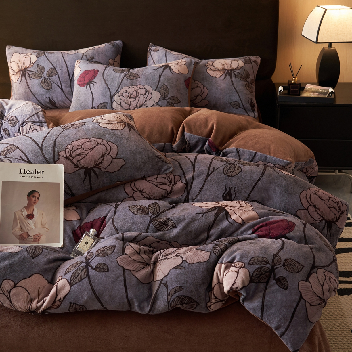 91家纺网 家纺一手货源 找家纺 吾秀家居 绒城  230克美拉德数码绒四件套 牛奶绒四件套 - 暖秋系列 幽香花语