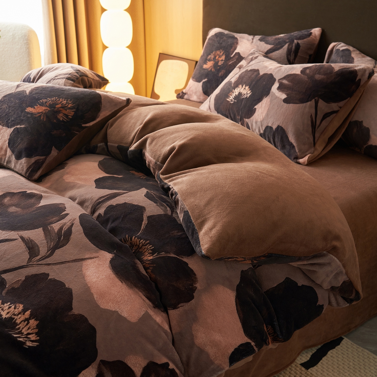 91家纺网 家纺一手货源 找家纺 吾秀家居 绒城  230克美拉德数码绒四件套 牛奶绒四件套 - 暖秋系列 暗香