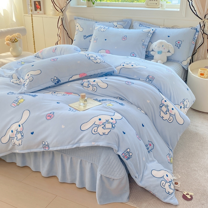 91家纺网 家纺一手货源 找家纺 豫见家纺 2025新款高克重牛奶绒夹棉床盖四件套 梦幻大耳狗