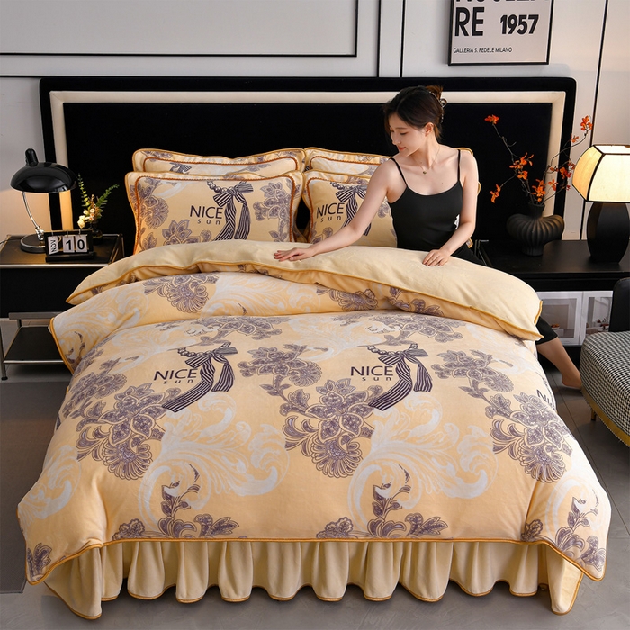 诺梵家纺 2025新款8斤加厚保暖金貂绒牛奶绒印花四件套豆蔻年华黄