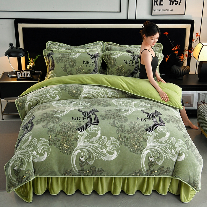 诺梵家纺 2025新款8斤加厚保暖金貂绒牛奶绒印花四件套豆蔻年华绿