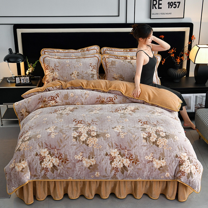 诺梵家纺 2025新款8斤加厚保暖金貂绒牛奶绒印花四件套花枝如梦咖