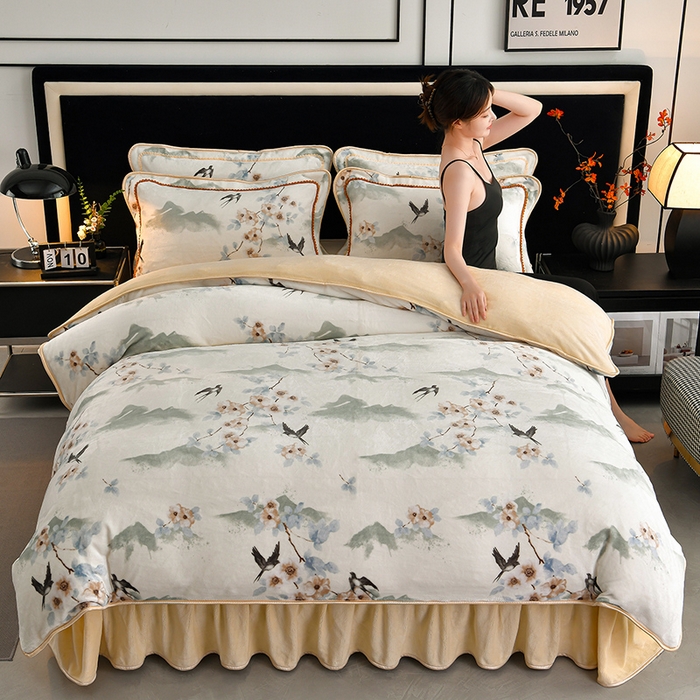 诺梵家纺 2025新款8斤加厚保暖金貂绒牛奶绒印花四件套燕归来-米